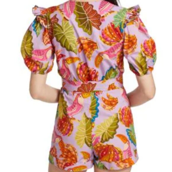 NWT Farm Rio Beaks & Bananas Ruffle Belted Romper Lilac l Medium l MSRP $220 - Picture 3 of 9
